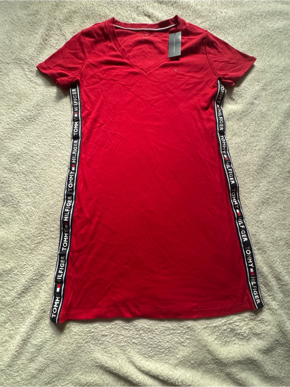Tommy Hilfiger Red V-Neck Mini Dress with Logo Side Tape size medium. NWT